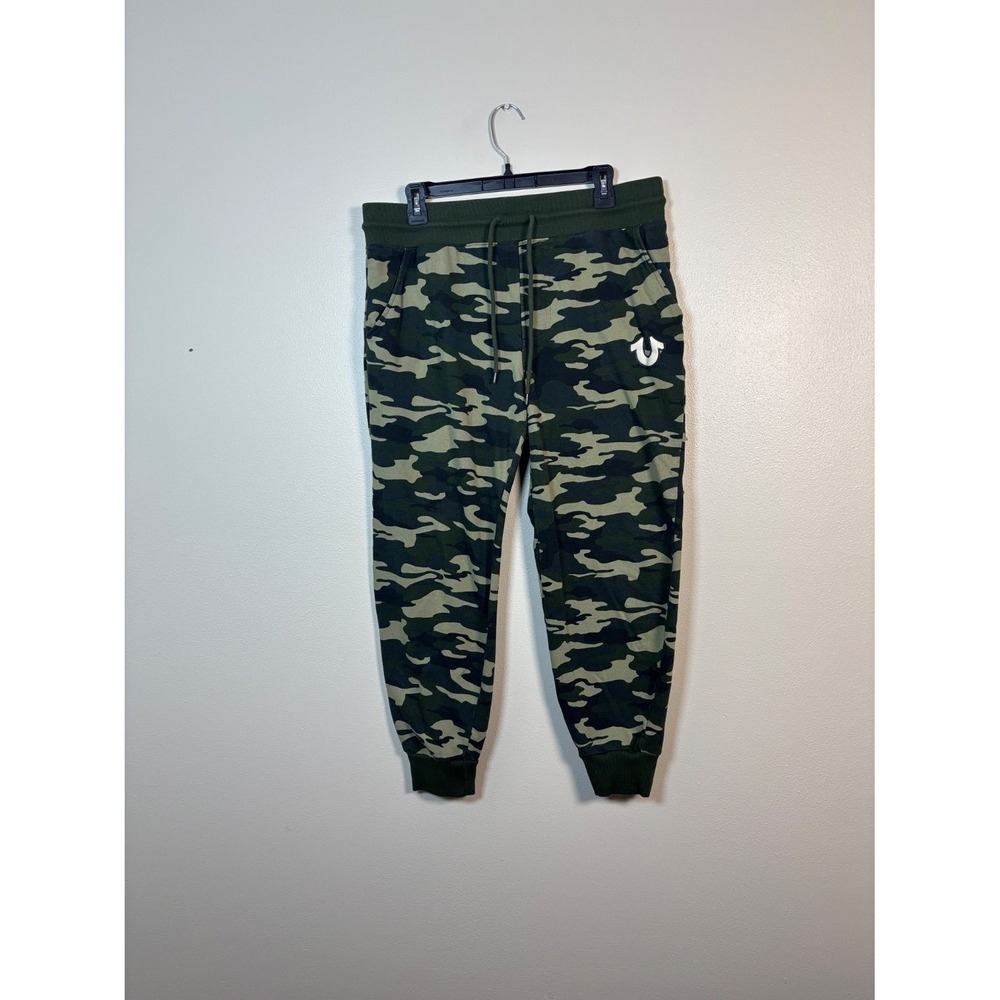 True Religion Mens Camo Jogger Sweatpants Green Fleece Horseshoe Logo Size M